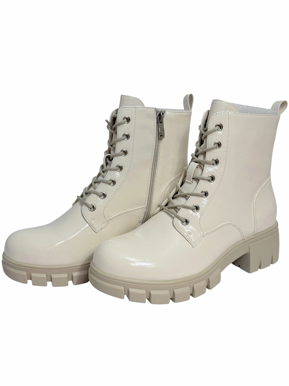 Hey Girl by Corkys Cray Combat Boots Women’s 9 Ivory Patent Lug Sole Zip